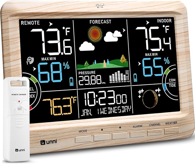 Weather Station Indoor Outdoor Thermometer Wireless, Home Atomic Clock with Large Constant Display, Inside Outside Temperature Humidity Monitor, Dew Heat Point, Barometer (WOOD01)