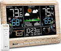 Weather Station Indoor Outdoor Thermometer Wireless, Home Atomic Clock with Large Constant Display, Inside Outside Temperature Humidity Monitor, Dew Heat Point, Barometer (WOOD01)