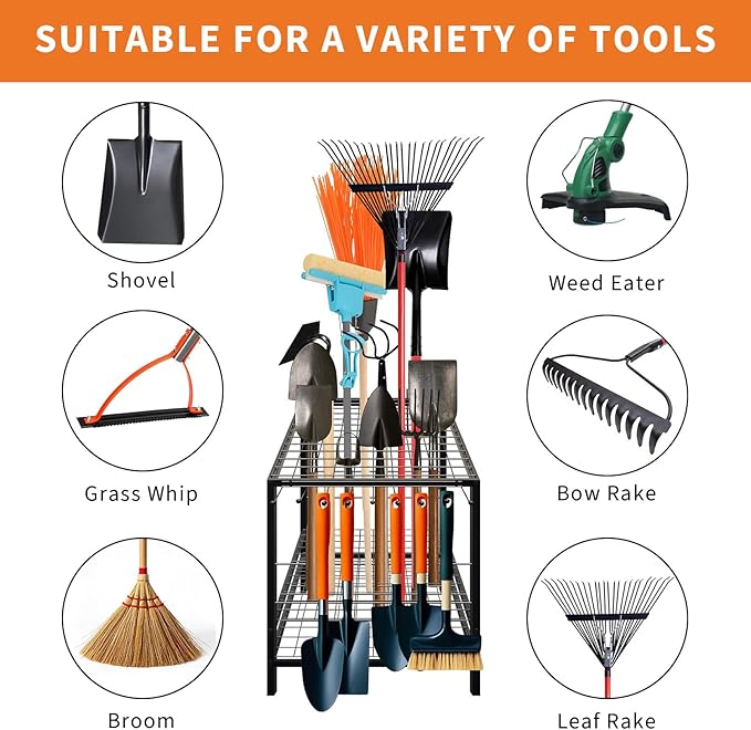 KYBOLT Heavys Duty Garage Tool Organizer Rack - Holds 35+ Rakes, Brooms & Long Tools | Black Steel Yard Tool Tower for Shed/Outdoor | Instant Assembly Space-Saving Storage