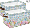 Easter Eggs Storage Bins Cubes Waterproof Cloth Storage Basket,Spring Daisy Eucalyptus Leaves Blue Plaid Foldable Storage Bags for Shelf Clothes Storages Organizers with Handles 15x11x9.5 in 2PCS
