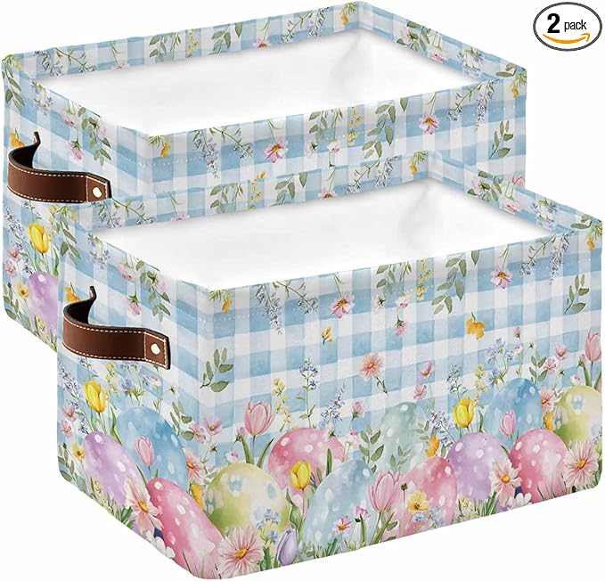 Easter Eggs Storage Bins Cubes Waterproof Cloth Storage Basket,Spring Daisy Eucalyptus Leaves Blue Plaid Foldable Storage Bags for Shelf Clothes Storages Organizers with Handles 15x11x9.5 in 2PCS