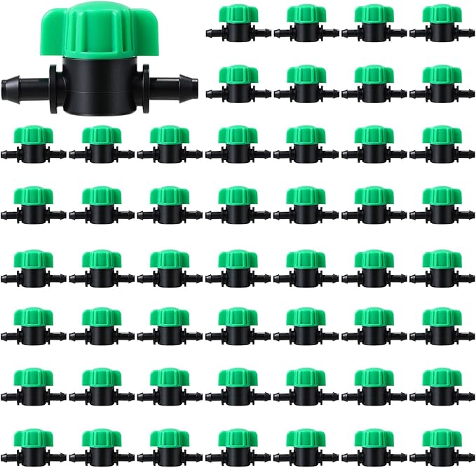 50 Pcs 1/4 Inch Barbed Shut off Valve Drip Irrigation Tubing Coupling Valve Universal Drip Irrigation for 1/4" Tubing Greenhouses Flowers Beds Lawns Farmland(Green,Barbed Shut off Valve)