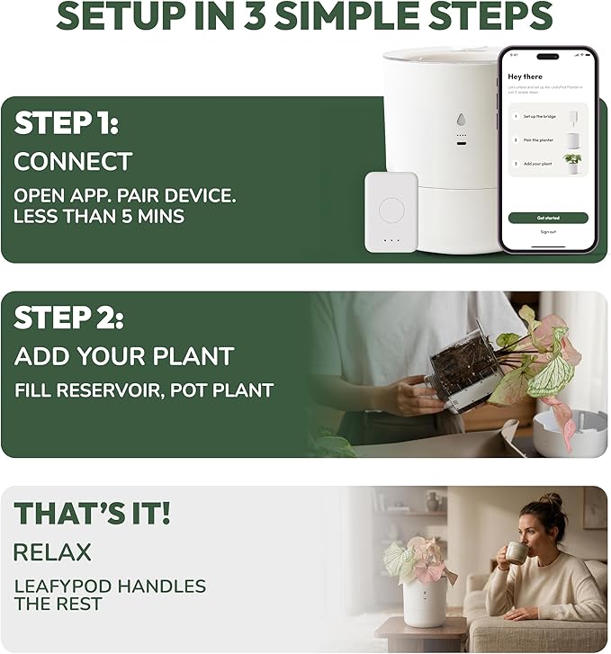 Smart Self Watering Planter with WiFi Bridge & App Control – AI Plant Care System with Sensors, Automatic Watering, Alerts – Modern Indoor Planter for Houseplants