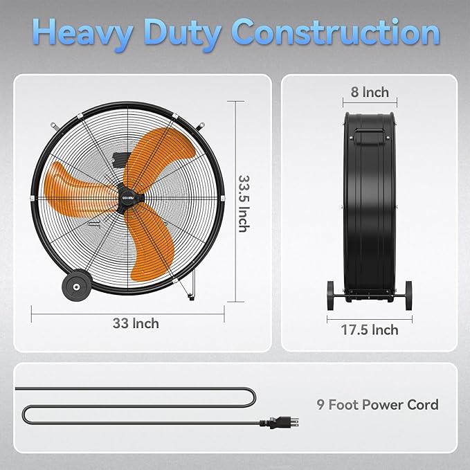 CCGIRU 30 Inch Industrial Drum Fan, 14000 CFM 3-Speed High Velocity Barrel Floor Fan, Heavy Duty for Warehouse, Workshops, Garage, Factory - UL Safety Listed