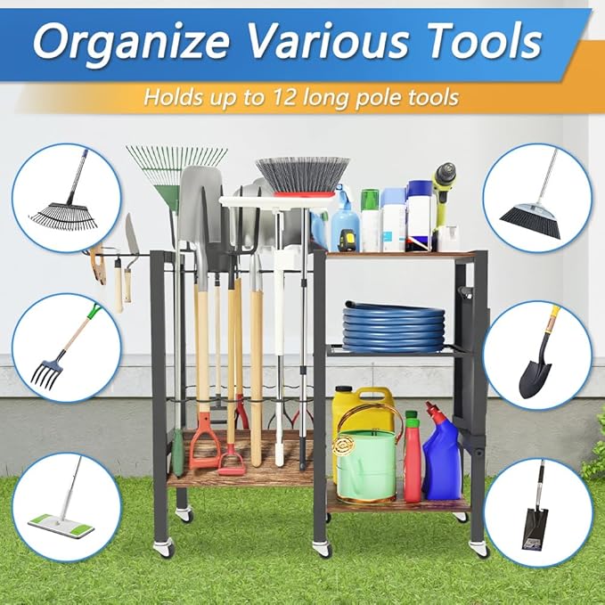 Garden Tool Organizer with Lockable Wheels, Heavy Duty Yard Tool Storage Rack for Shovels and Rakes, 3 Tier Lawn Care Utility Holder with hooks for Garage, Shed, Yard and Laundry Room