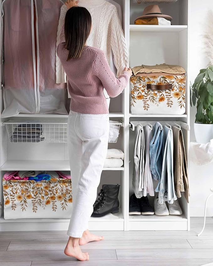 Brown Floral Storage Bins Cubes Waterproof Cloth Storage Basket, Farmhouse Spring Flowers Leaves Foldable Storage Bags for Shelf Closet Clothes Storages Organizers with Handles 15x11x9.5 in 1PCS