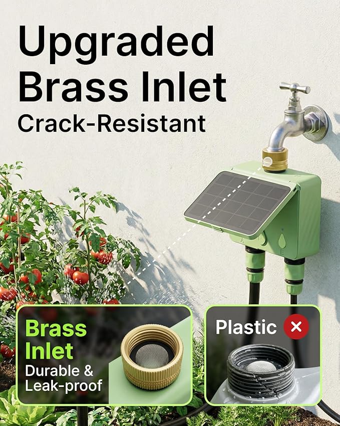 Water Timer for Garden Hose, 2-Zone Solar Sprinkler Controller with Flow Meter, Smart Irrigation System with Rain Delay, Brass Inlet, APP & Voice Control WiFi Hose Timer, No Hub Required