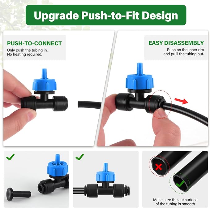 Kalolary 30Pcs Push-to-Fit Drip Irrigation Emitters 1 GPH Pressure Compensating Drippers with Constant Water Flow Drip Irrigation System Parts for 1/4 Inch Irrigation Tubing with 6PCS End Plugs (Blue)