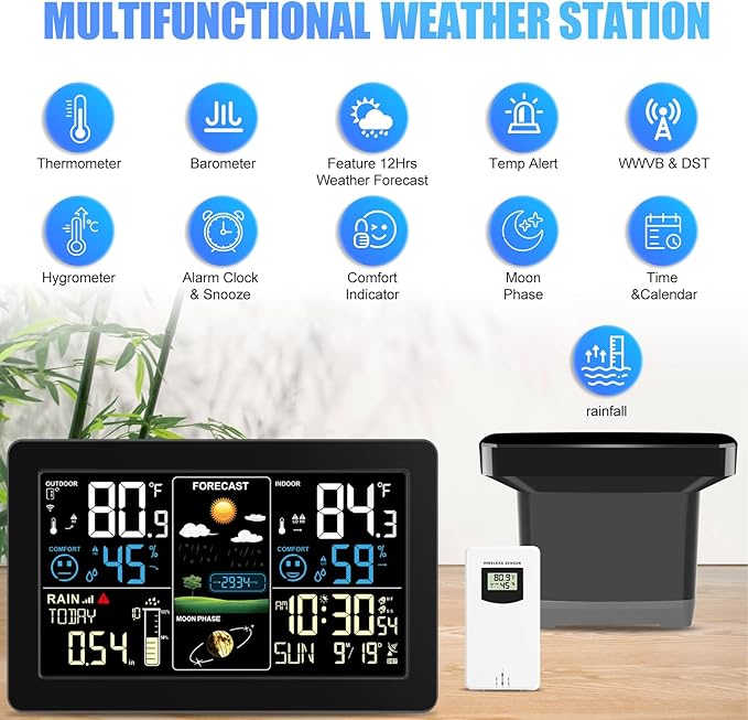 BIUWING Weather Station with Rain Gauge Outdoor, Home Weather Stations Wireless Indoor Outdoor with Digital Rain Gauges, Thermometer, Barometer, Hygrometer, Atomic Clock, Weather Forecast and Alerts