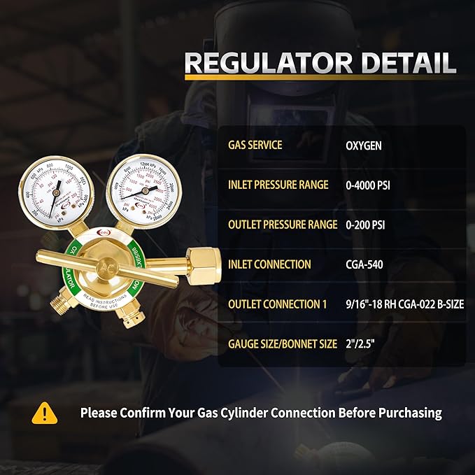 CDL LX65 Medium Duty Oxygen Regulator CGA540,Forged Brass,Large Tank Gauge Cutting Torch Regulator,0-4000PSI Inlet,0-200PSI Outlet