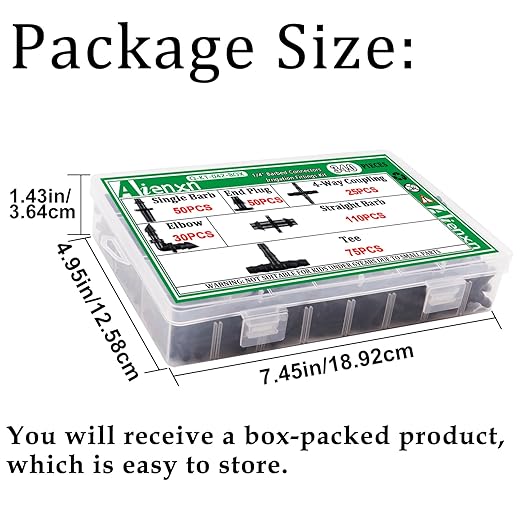 340PCS 1/4" Drip Irrigation Kit Barbed Connectors, Straight Barb, Tee, Single Barb, End Plug, Elbow, 4 Way Coupling Irrigation Fittings for Garden Lawn Flower Pot