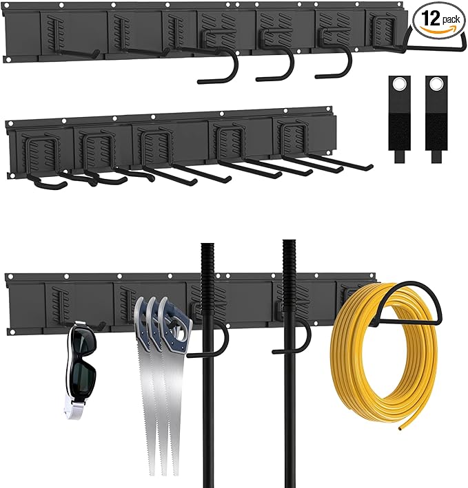 Garage Tool Organizer Wall Mount, Easy to 64inch Install Heavy-Duty Garage Storage System with Adjustable 12 Hooks, Garden Tool Rack for Shovels, Rakes, Yard Tools