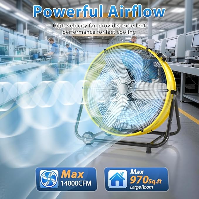 LifePlus 30" Industrial Drum Fan, 14000 CFM High Velocity 3-Speed Heavy Duty Metal Air Circulator with 360° Tilt, Casters Handle for Warehouse Factory workshops Patios Garage, Yellow