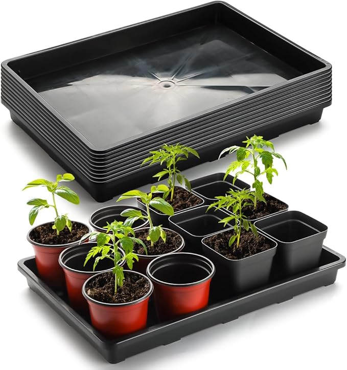 RooTrimmer 10 Pack Nursery Pots Trays (17"x11"x2"), Plastic Flat Seed Starter Trays, Durable Carrying Seedling Starter Tray, Reusable Tray for Planting and Collecting Drainage Water (Black)
