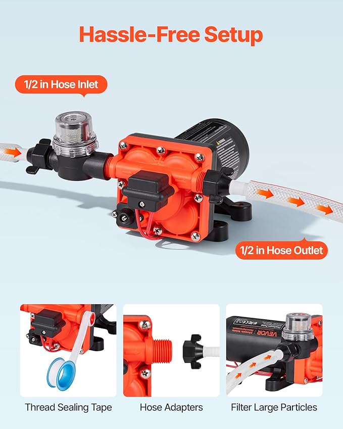 VEVOR RV Water Pump, 12V DC 6 GPM (22.7 L/min), 4-Chamber Self-Priming Diaphragm Water Pump with Automatic Pressure Switch, 70 PSI Max Pressure, On Demand for RV, Caravan, Marine, Yacht, Car Washing