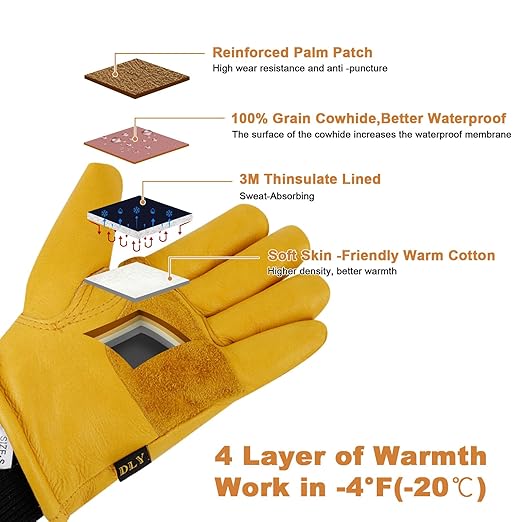 DLY Winter Work Gloves for Men, Insulated, Puncture and Abrasion Resistant, Cowhide Leather with Warm Thinsulate Lining for Cold Weather, X-Large, Yellow, New