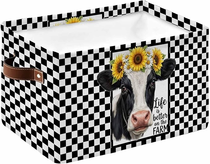 Farmhouse Cows Storage Bins Cubes Waterproof Cloth Storage Basket, Sunflower Daisy White Black Plaid Foldable Storage Bags for Shelf Closet Clothes Organizers with Handles 15x11x9.5 in 1PCS