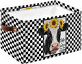Farmhouse Cows Storage Bins Cubes Waterproof Cloth Storage Basket, Sunflower Daisy White Black Plaid Foldable Storage Bags for Shelf Closet Clothes Organizers with Handles 15x11x9.5 in 1PCS