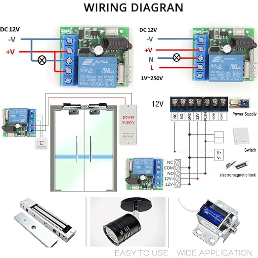 DieseRC 433Mhz Universal Wireless Remote Control Switch DC 12V 1CH RF Relay Receiver Module with 1 Transmitter, EV1527 Learning Code Remote Switch