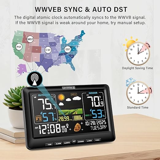BluSon Weather Station Wireless Indoor Outdoor Thermometer, Color Display Digital Temperature Humidity Monitor with Atomic Clock, Weather Forecast, Adjustable Backlight, Home Weather Statio, Black