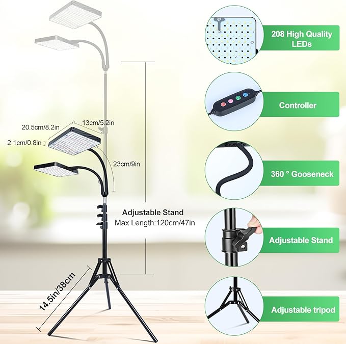 FRGROW 2026 2Head Grow Light with Stand, 50 Watt Power Draw, Big Coverage and Bright Enough for Indoor Large and Tall Plants, Bonsai Tree, 40"-64" Height Adjustable