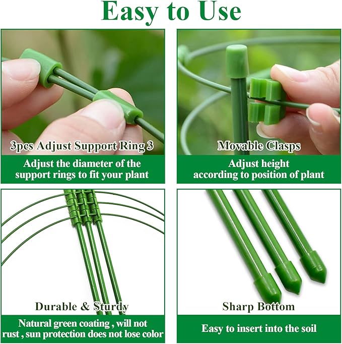 Legigo 4 Pack 18 Inch Plant Support Cages Tomato Cage for Garden- Small Plant Cages Adjustable Rings, Tomato Plant Support Stakes Trellis for Pots, Peppers, Cucumbers and Flowers with 10 Plant Clips