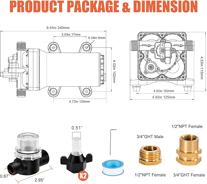 Four Chambers On Demand 110V Water Pressure Pump 5.5GPM 70PSI,Self Priming RV Fresh Water Diaphragm Pump Included Garden Hose for Home Industrial Irrigation Sprinkler