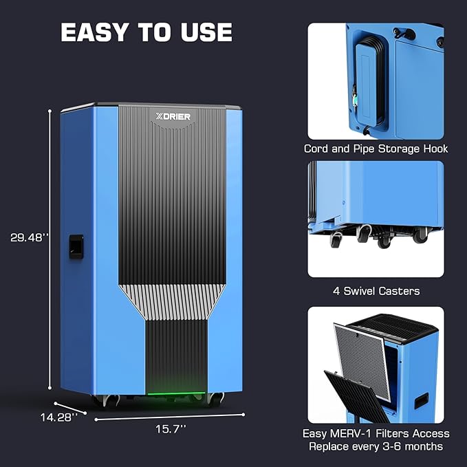 120 PPD Commercial Dehumidifier without Pump, LGR Technology, Auto Defrost, for Basements, Large Rooms, Warehouses & Storage Areas, 5-Year Coverage