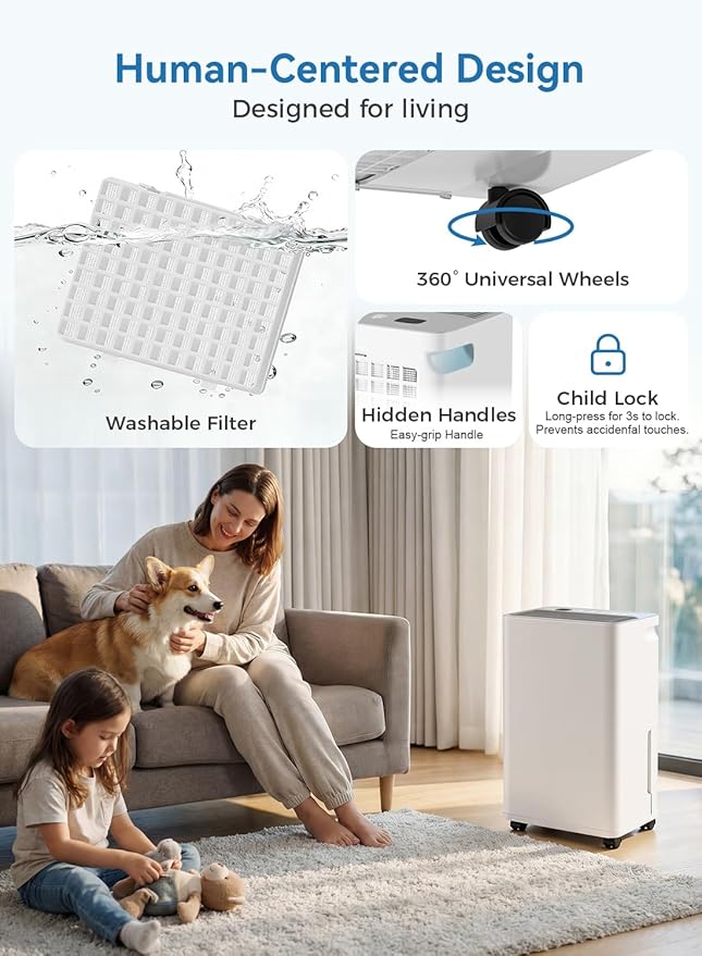 2500 Sq.Ft Dehumidifier for Basement with Drain Hose, 35 Pint Large Best Compressor Dehumidifiers for Home or Garage, Smart Humidity Control, 24H Timer & Child Lock, Ideal for Large Rooms, Garage