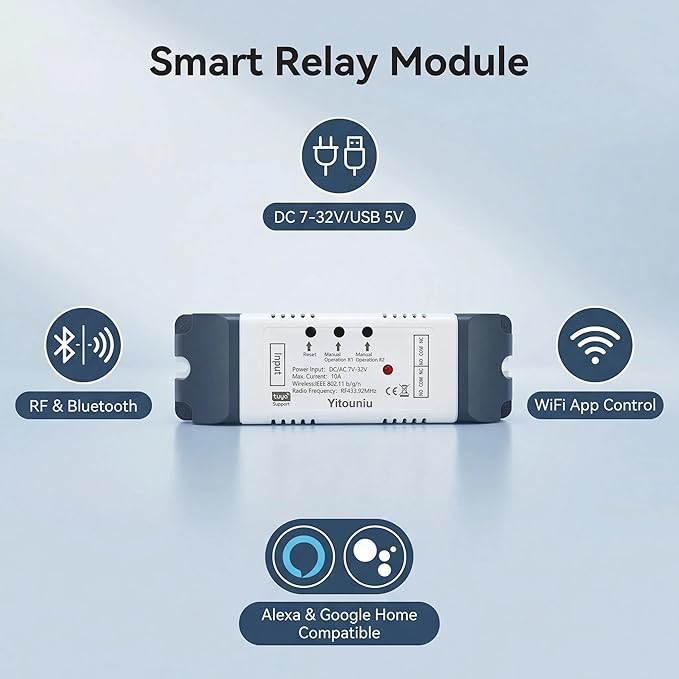 2 Channel Tuya Smart Life WiFi Momentary Inching Self-Locking Interlock Relay Switch Module,DC 7-32V Wireless Remote Control with RF Bluetooth, Compatible with Alexa Goolge Home (2CH)