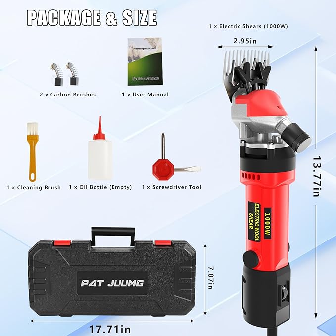PAT JUUMG 1000W Sheep Shears Electric Farm Livestock Haircut with Blades Professional Animal Clippers 6 Speed Heavy Duty Electric for Thick Horses Sheep Alpacas Goats(Red)