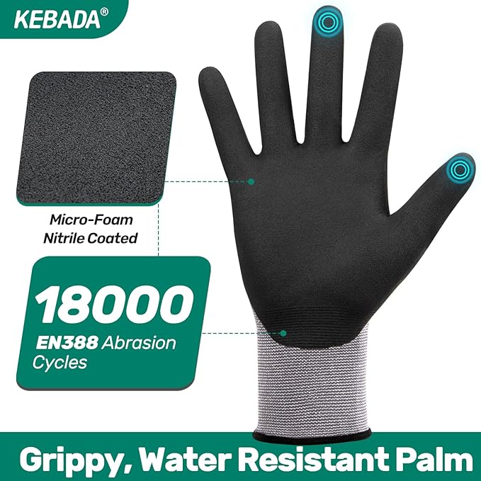 Kebada W2-6 Pairs Safety Work Gloves MicroFoam Nitrile Coated, Breathable & Full Touchscreen Seamless Knit Nylon Gloves for Precision Work, Automotive Tech & Logistics, Large