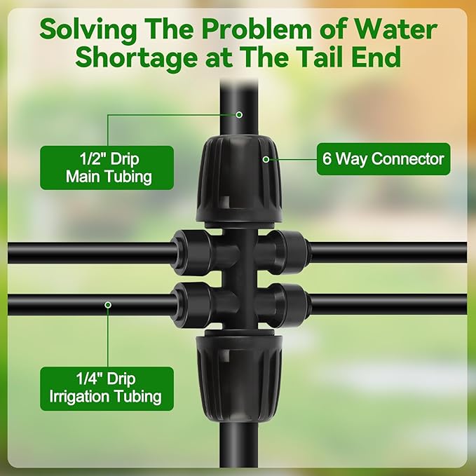 Kalolary 8PCS 1/2'' to 1/4'' Barbed Tee Quick Connector, Push-to-Fit Drip Irrigation Fittings Anti-Leak Locked Splitter Fitting for Irrigation Tubing with 6-Way Connector& 6 Plugs