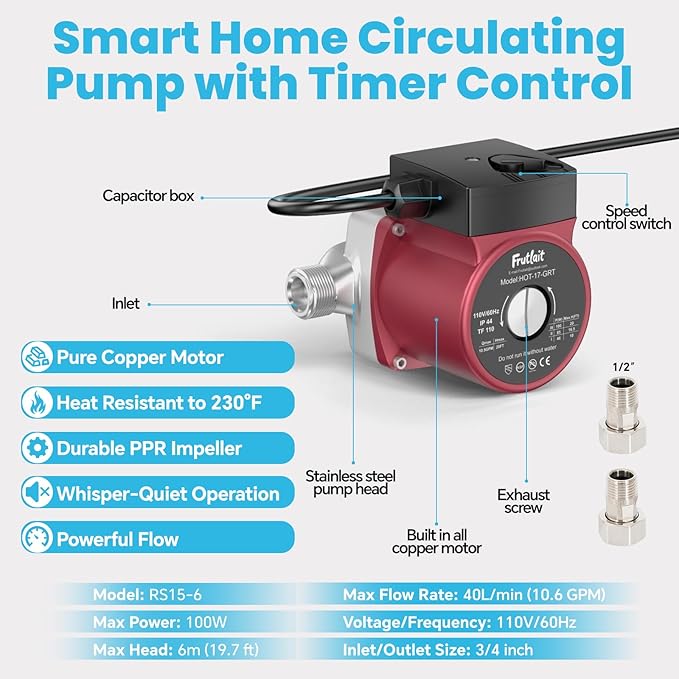 Hot Water Recirculating Pump Kit for Tank Water Heaters – 3-Speed Pump, Thermostatic Bypass Valve, WiFi Smart Plug, 2 Adapters, 1/2" to 3/8" Food-Grade Hoses, Easy DIY Install