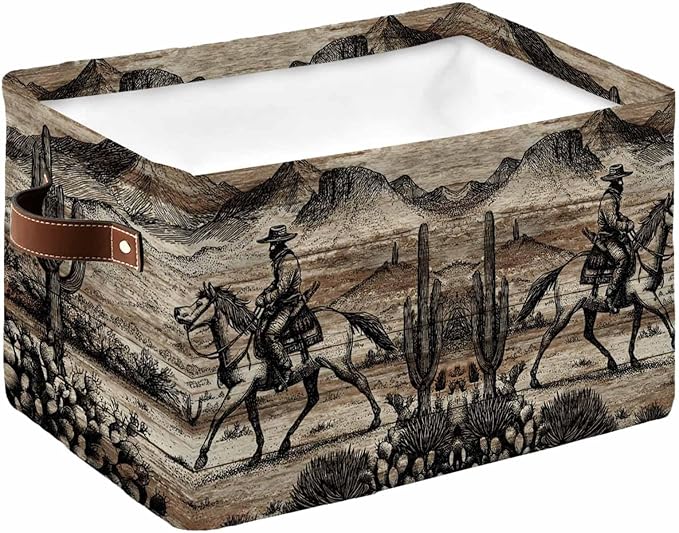 Brown Western Farmhouse Storage Bins Cubes Waterproof Cloth Storage Basket, Vintage Cowboys Cactus Foldable Storage Bags for Shelf Closet Clothes Storages Organizers with Handles 15x11x9.5 in 1PCS