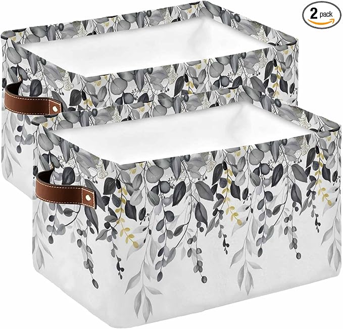 Grey Eucalyptus Storage Bins Cubes Waterproof Cloth Storage Basket, Watercolor Spring Weeping Botanical Foldable Storage Bags for Shelf Clothes Storages Organizers with Handles 15x11x9.5 in 2PCS