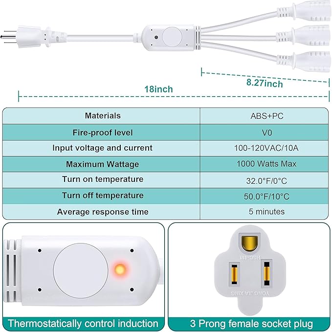 Feekoon 3 Plug 120V Heat Cable Controller, Outdoor Thermostat Controlled Extension Cord, Turns on Below 32°F, Off Above 50°F for Coop Heaters Deicers Water Pipe Heating Tapes, Energy Saving