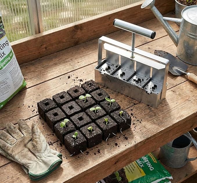 Soil Blocker 4 Cell 2 Inch – Heavy Duty Stainless Steel Soil Block Maker with Ergonomic Handle & 3 Size Seed Pins – Handheld Soil Blocker for Seed Starting, Greenhouse, Garden Tools
