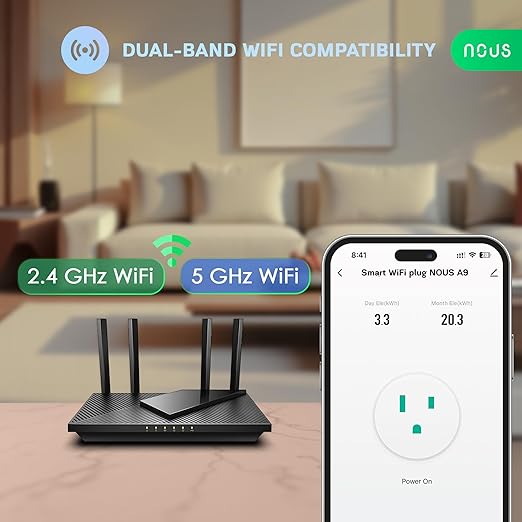 NOUS 5 GHz Wi-Fi Smart Plug 15A, Energy Monitoring, Compatible with Alexa, Google Home, Tuya Smart App, Remote Control, Timer, Compact Design, 1 Pack
