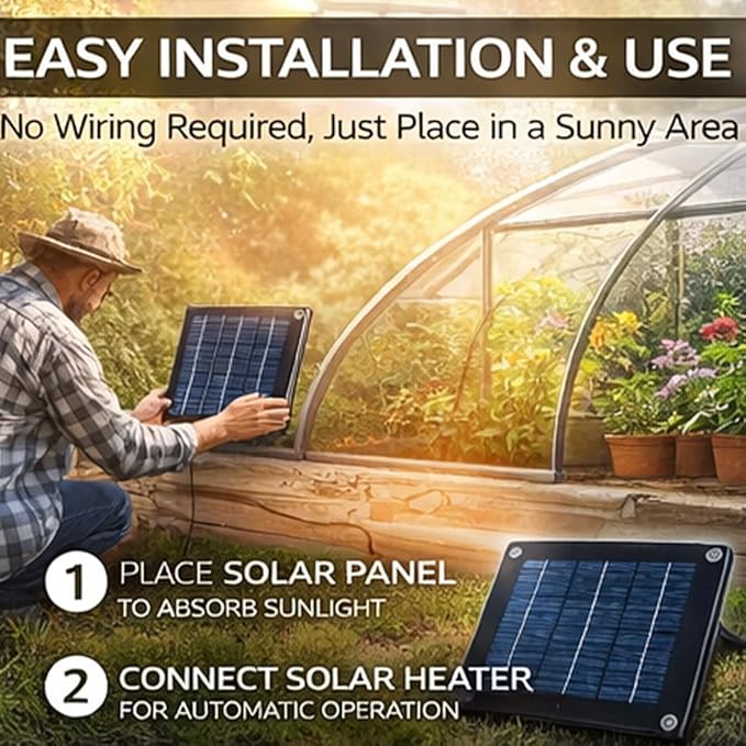Solar Heater for Greenhouse, Solar Heater for Chicken Heater, Solar Powered Heater for Outdoor Use, Dog House, Shed, Pet Shelter - Smart Thermostat, Weather-Resistant, Easy Mount (Black-20W)