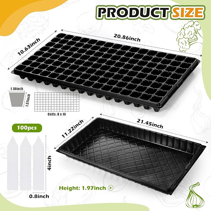 Yinder 20 Pcs Seed Starter Trays Tray Kits with Dome 128 Cells Plug Trays and 1020 Tray No Holes with 100 Pcs Tags Seed Starter Kit for Nursery Germination Plant Propagation Gardening Greenhouse