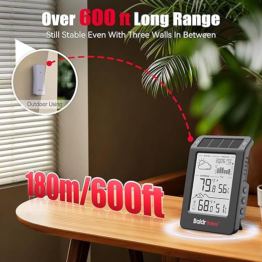 BaldrTherm Outdoor Indoor Thermometer Wireless Weather Station, Dual-Zone Childroom Temp Humidity Monitor, Auto Smart Backlight,Temp/Humidity/Barometric Trend Visualization, Black&White