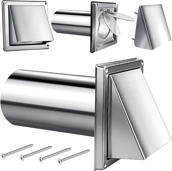 4 Inch Metal Dryer Vent Cover Stainless Steel Guard Wall Dryer Exhaust Cap with Removable Extension Pipe 8 Inch and 4 Screw for House Outdoor Extended Air Pipe