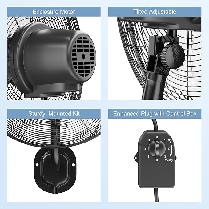 MEPTY 20" Wall Mount Fan, Heavy Duty Industrial Wall Fan, High Velocity Oscillating Fans with 3 Speeds for Patio, Shop, Greenhouse, Garage, Commercial, Household use