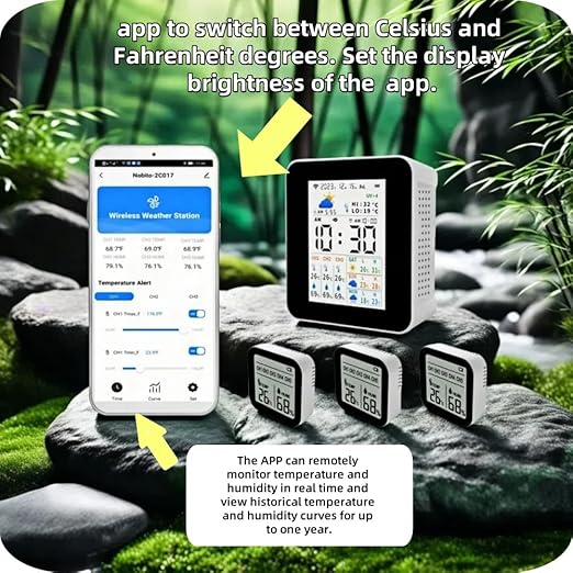Weather Stations Wireless Indoor Outdoor Thermometer Alarm & Smart WiFi Weather Forecast Next 3 Days with Phone App Temperature & Humidity Monitor with 3 sensors Store 1 Year's Data. (2CO17-3)