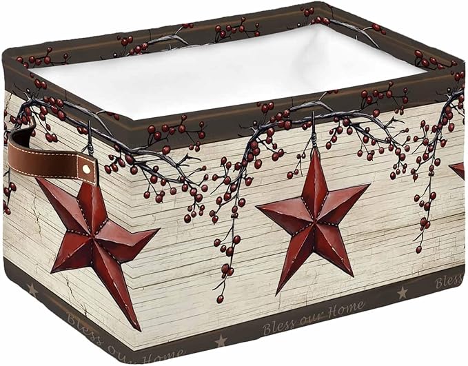 Texas Star Red Storage Bins Cubes Waterproof Cloth Storage Basket, Farmhouse Berry Wooden Vintage Foldable Storage Bags for Shelf Closet Clothes Storages Organizers with Handles 15x11x9.5 in 1PCS