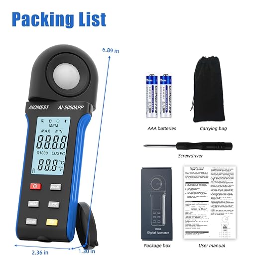 Light Lux Meter with Bluetooth, AIOMEST Digital Lumen Tester 0.1 Lux, 1-400,000 Lux/FC Range, 270° Rotated Sensor, Luxometer for Indoor Plant, Photography, Aquarium