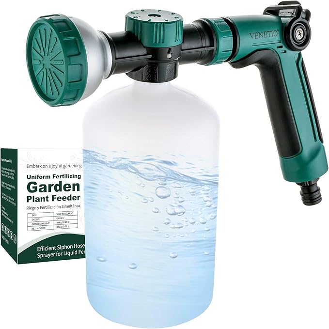 VENETIO 8-Dial Hose Attachment Spray Gun for Liquid Fertilizer/Chemicals | Precision Lawn & Garden Feeder for Uniform Fertilizing and Watering Plants | Hose-End Nozzle Sprayer with 34oz Bottle