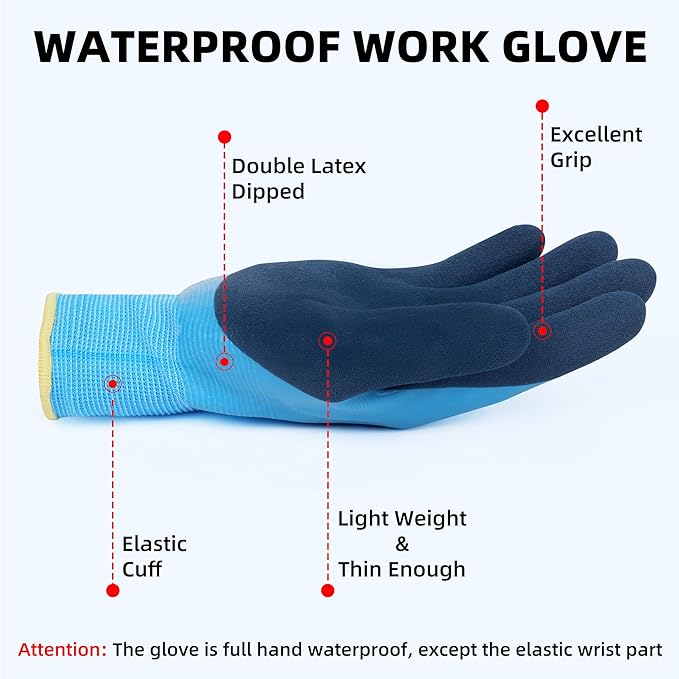 Waterproof Work Gloves for Men and Women, Hycool Thermal Insulated Freezer Rubber Coated Gloves,Super Grip L6201