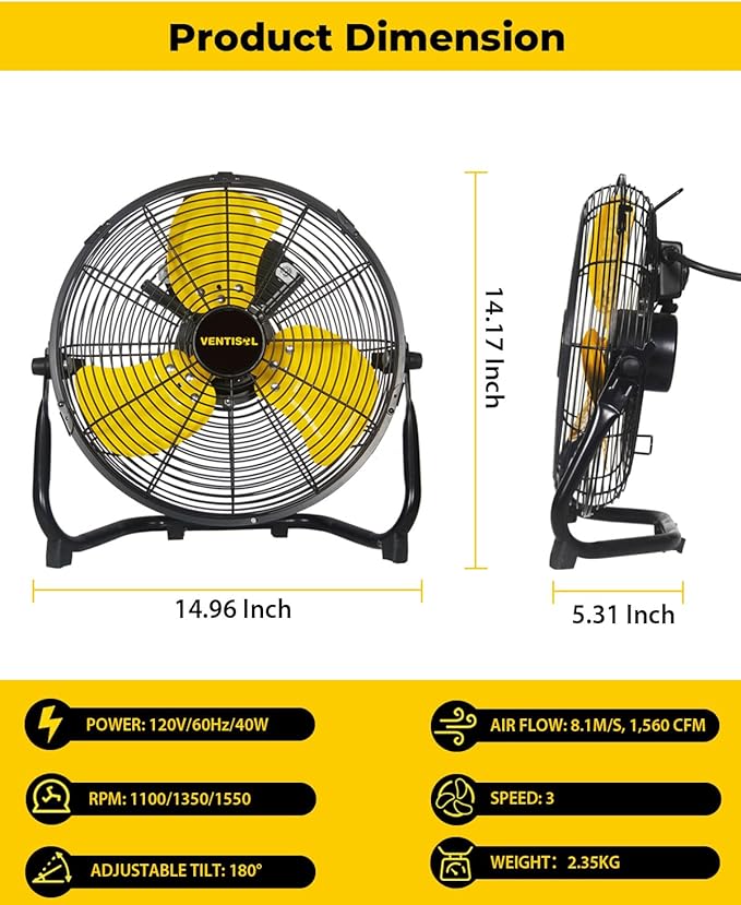 VENTISOL 12 Inch Portable Floor Fan, 3 Speed Metal Industrial Shop Fans with 180° Tilt, 1700 CFM High Velocity Heavy Duty Fan, for Bedroom, Garage, Workshop